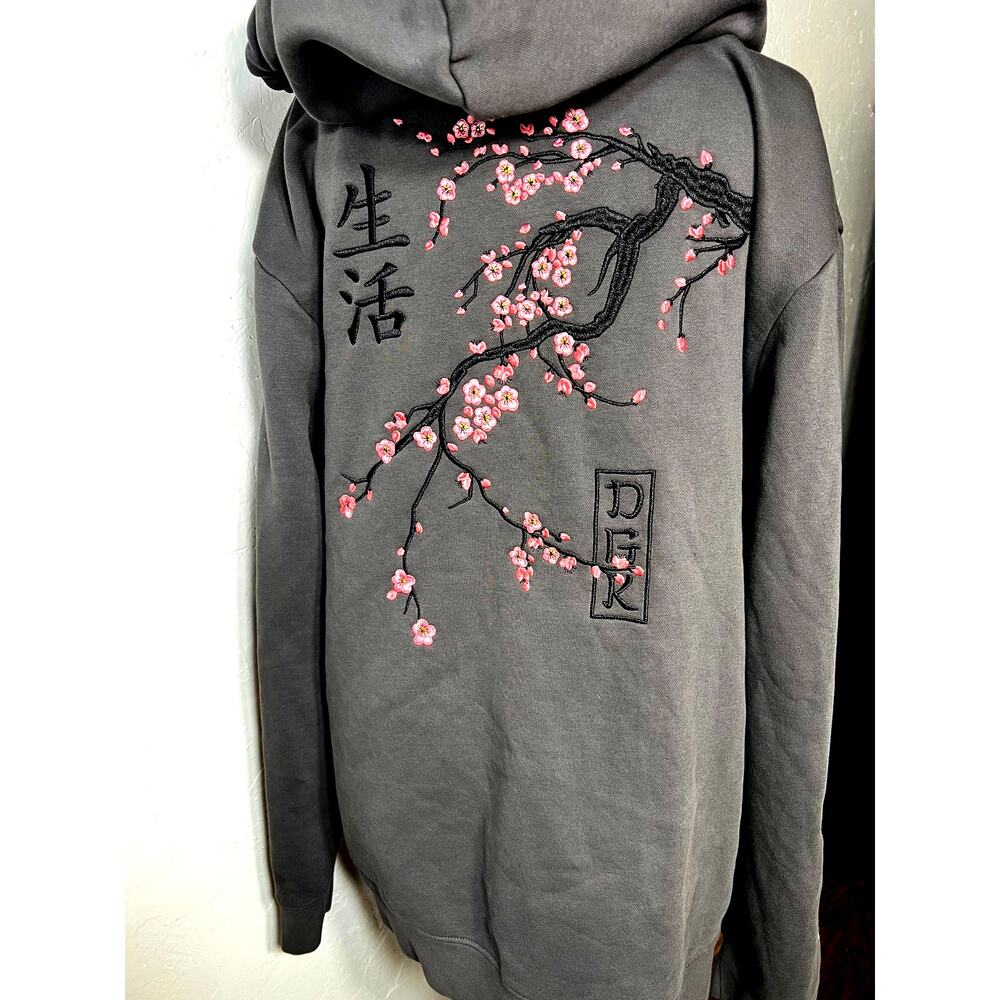 DGK Zen Full Zip Fleece Hoodie Embroidered Cherry Blossoms Drawcord Hood Mens XL - Picture 2 of 14